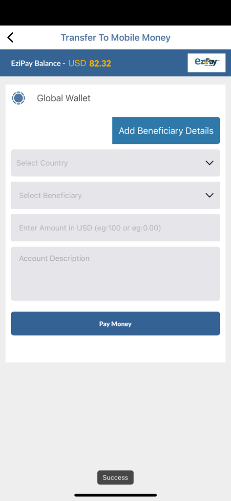 Ezipay Global - EziPay Global app interface for sending money to mobile wallets showing balance and recipient details