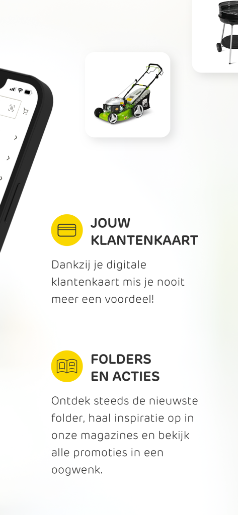 Brico app screen showing digital loyalty card benefits and promotional leaflets