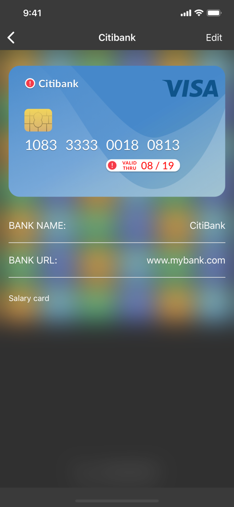 SafePin app screen showing a stored Citibank Visa card with bank name and website information.
