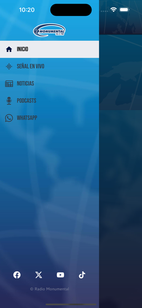 Radio Monumental 93.5 FM - Side navigation menu of the Radio Monumental 93.5 FM app showing links for live signal, news, and podcasts.