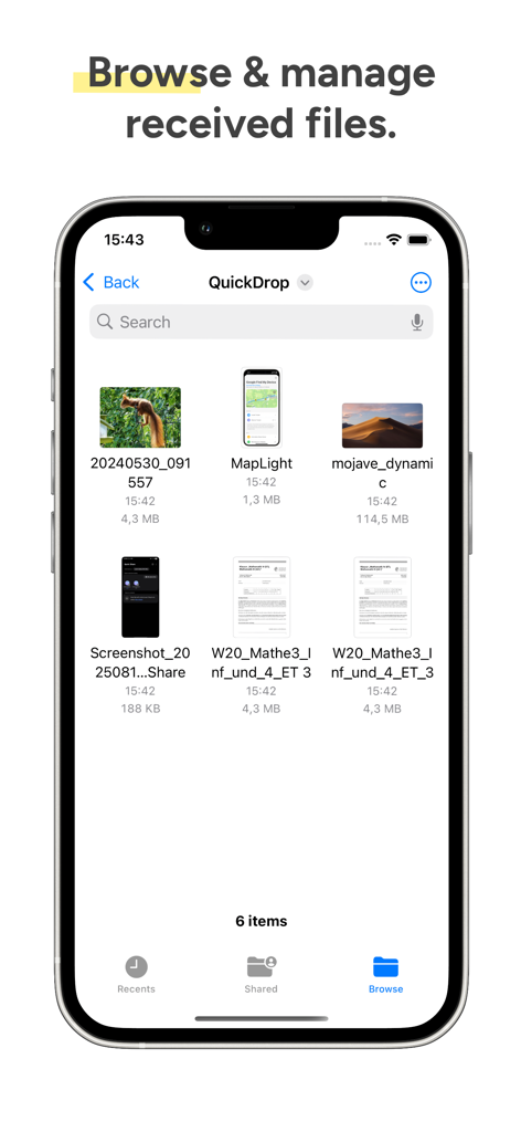 QuickDrop - Share from Android - Interfaz de la aplicación QuickDrop que muestra los archivos gestionados y recibidos en un iPhone.
