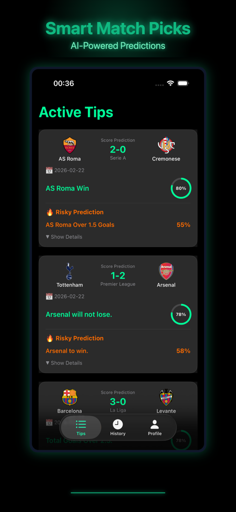 BetBrain - Ai Powered Tips - BetBrain app interface showing active AI-powered sports betting tips and match predictions with win probabilities