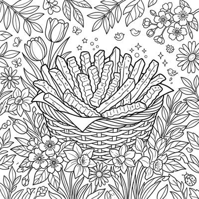 Celebrate the joy of spring with this whimsical coloring page featuring a delightful basket of golden French fries nestled among vibrant blossoms. It's a charming fusion of your favorite snack and the beauty of the season, ready for your creative touch.