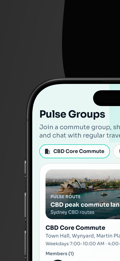 Melbourne Buss & Train Tracker - A smartphone screen displaying the Pulse Groups feature for social commuting and real time transit updates