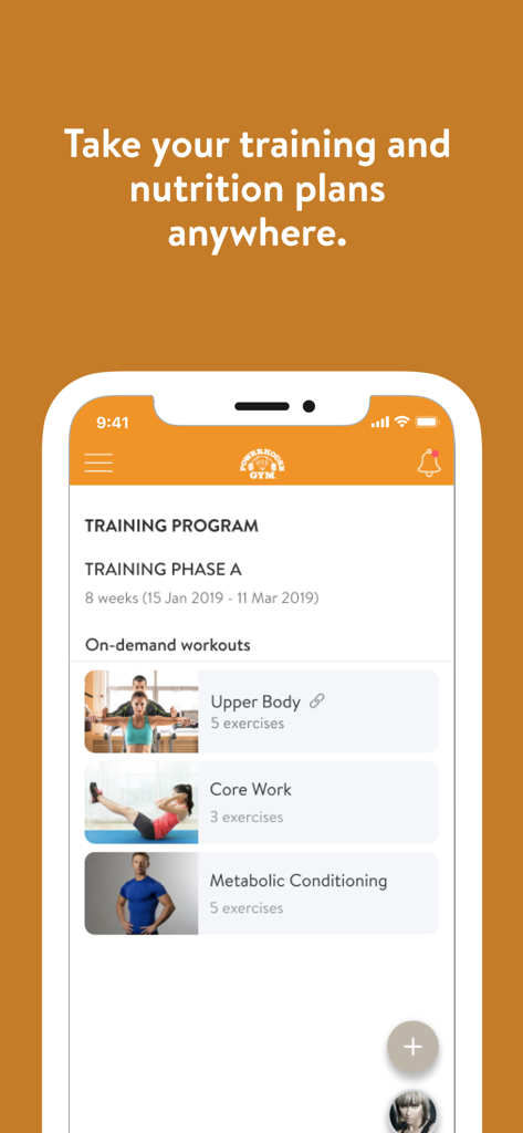 Powerhouse Gym. - Powerhouse Gym app screen displaying on demand workouts including upper body and core work training phases