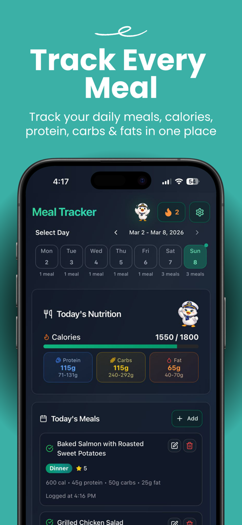 Meal Ark app interface showing daily calorie and macro tracking with a list of logged meals