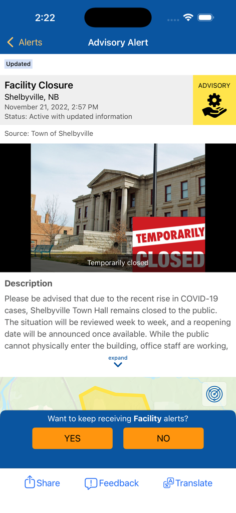 Alertable - Alertableアプリの画面。施設の閉鎖に関する注意報と詳細、地図が表示されています。