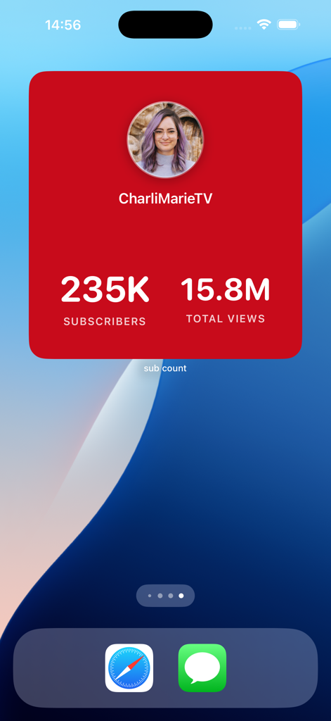 Sub Count - iPhone-Startbildschirm, der das Abonnentenzahl-Widget mit Abonnenten- und Aufrufzahlen für einen YouTube-Kanal anzeigt