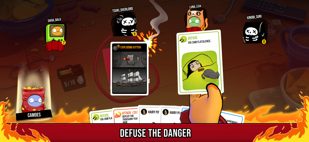 A player uses a defuse card to avoid an exploding kitten in the Exploding Kittens 2 mobile game.
