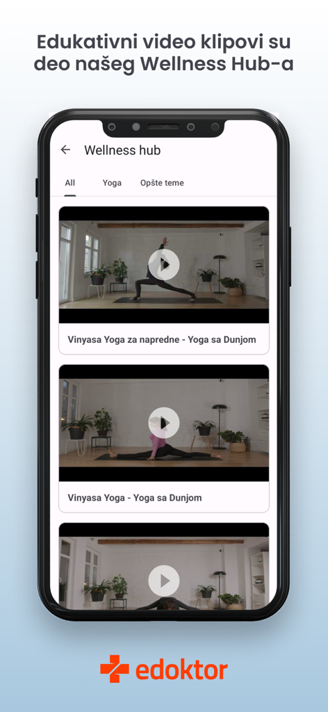 eDoktor - eDoktor mobile app wellness hub screen displaying yoga instructional videos