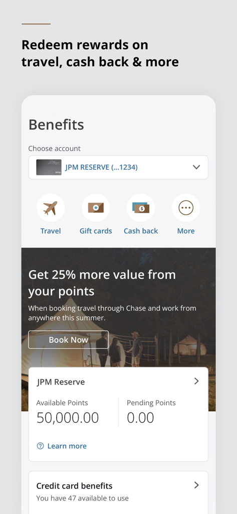 J.P. Morgan Mobile - JP Morgan Mobile app screen showing JPM Reserve credit card rewards and travel redemption options