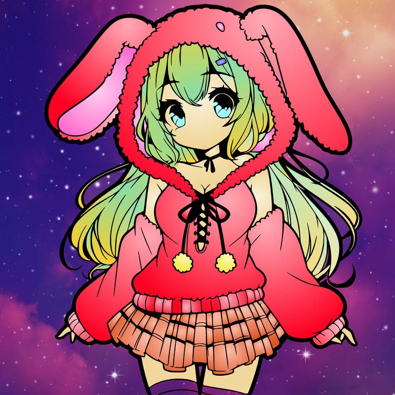 pretty anime girl wearing a fluffy hoodie with bunny ears on the hood and a skirt