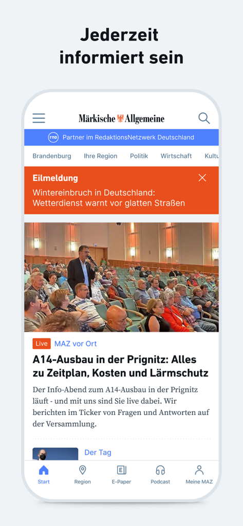 MAZ - Nachrichten und Podcast - MAZ News App Startbildschirm mit regionalen Nachrichten aus Brandenburg und einer Eilmeldung