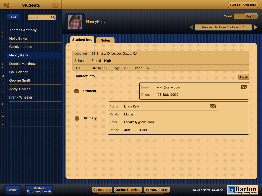Barton Tiles® - Barton Tiles app interface showing student profile management with contact information and lesson progress