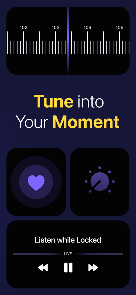 Radio: Live FM AM - Interfaz de una moderna aplicación de radio con un dial de frecuencia y controles de reproducción en la pantalla de bloqueo