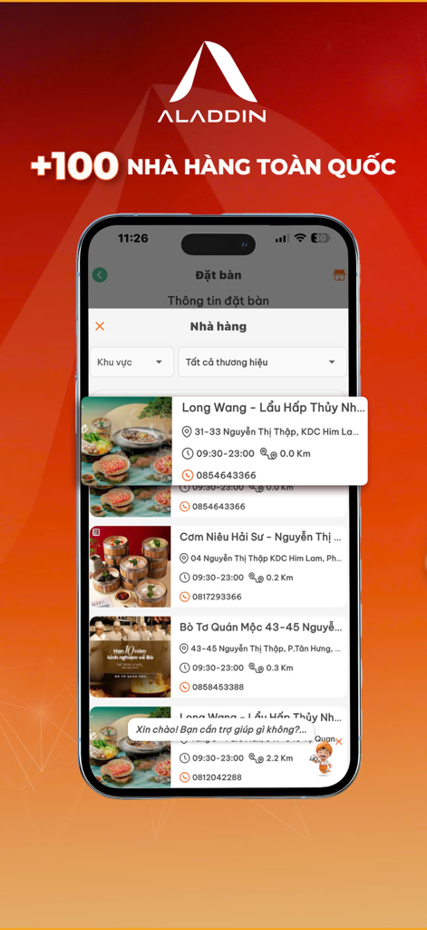 Aladdin Rewards - Mobile interface of Aladdin Rewards app displaying a list of restaurants for table booking