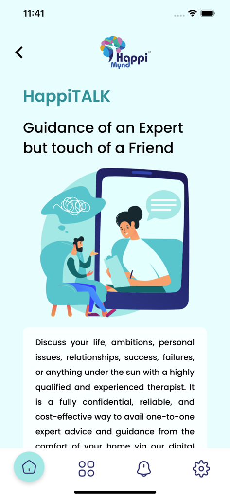 HappiMynd-Emotional Self Help - Pantalla de HappiTALK que muestra servicios de consejería en línea con un terapeuta