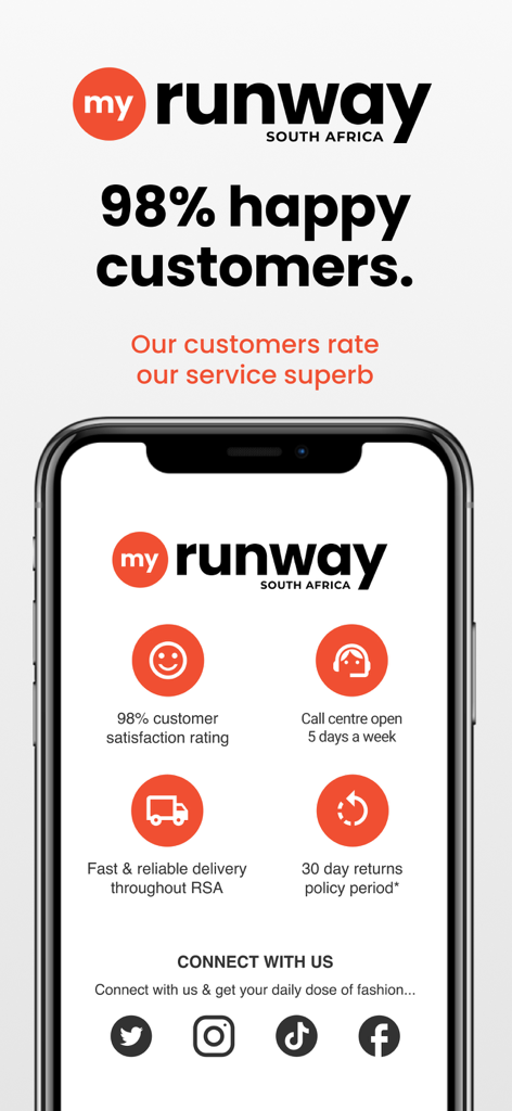 MyRunway SA Fashion Shopping - MyRunway SA app screen showing 98 percent customer satisfaction rating and service highlights like fast delivery and easy returns