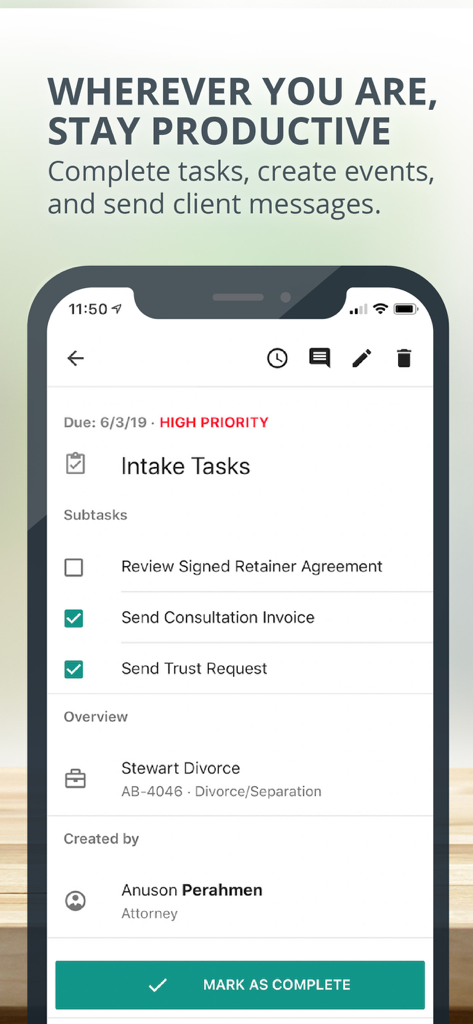 MyCase app screen showing a legal task list with subtasks for a law firm case