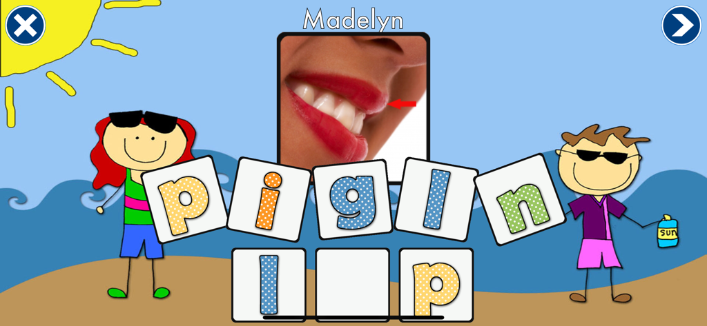 Sound It Out - Phonics app interface showing a child spelling the word lip with letter tiles on a beach background