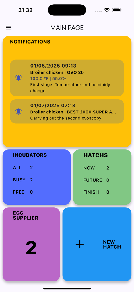 Hatch Tracker Pro - Hatch Tracker Pro main page showing notifications and incubator status statistics.