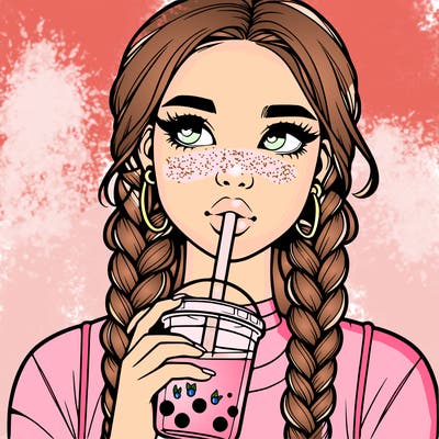 realistic girl with braided hair drinking boba
