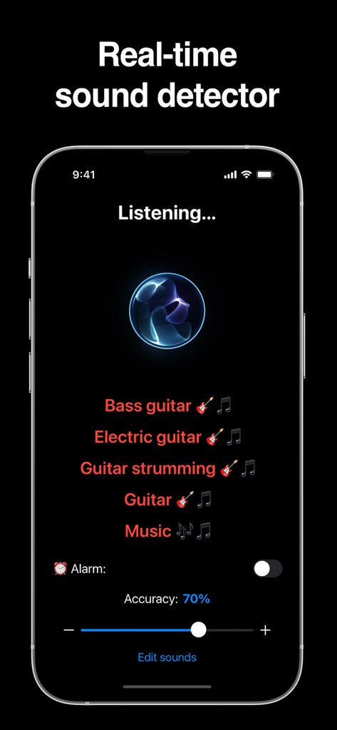 Interface of World Sounds detector app showing real-time recognition of guitar and music.