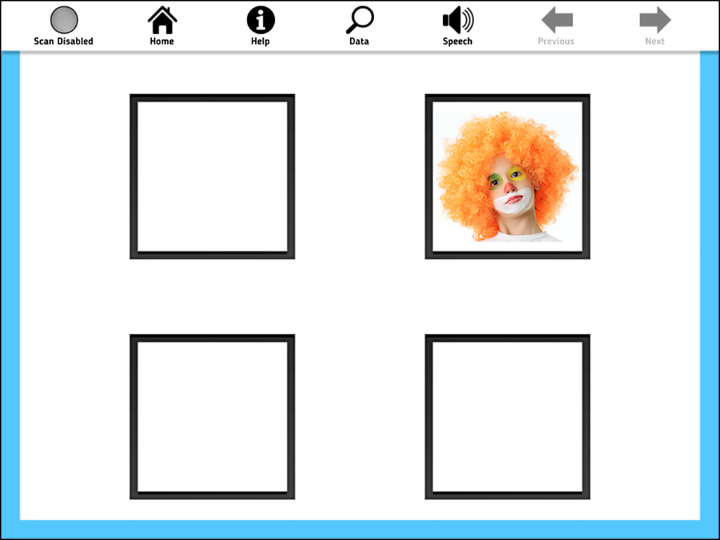 AAC Evaluation Genie - A visual identification subtest screen from AAC Evaluation Genie featuring a clown image in a four box grid.