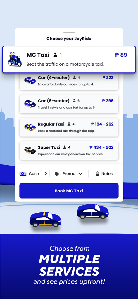 JoyRide app interface displaying multiple ride options like moto taxi and cars with upfront pricing