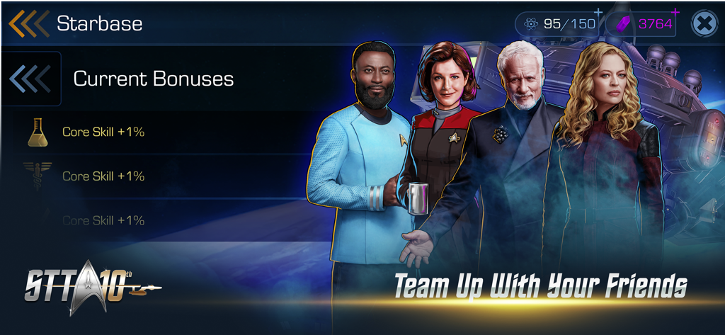 Star Trek Timelines - Pantalla de juego de Star Trek Timelines que muestra la interfaz de la base estelar con varios tripulantes y bonificaciones de habilidades activas.