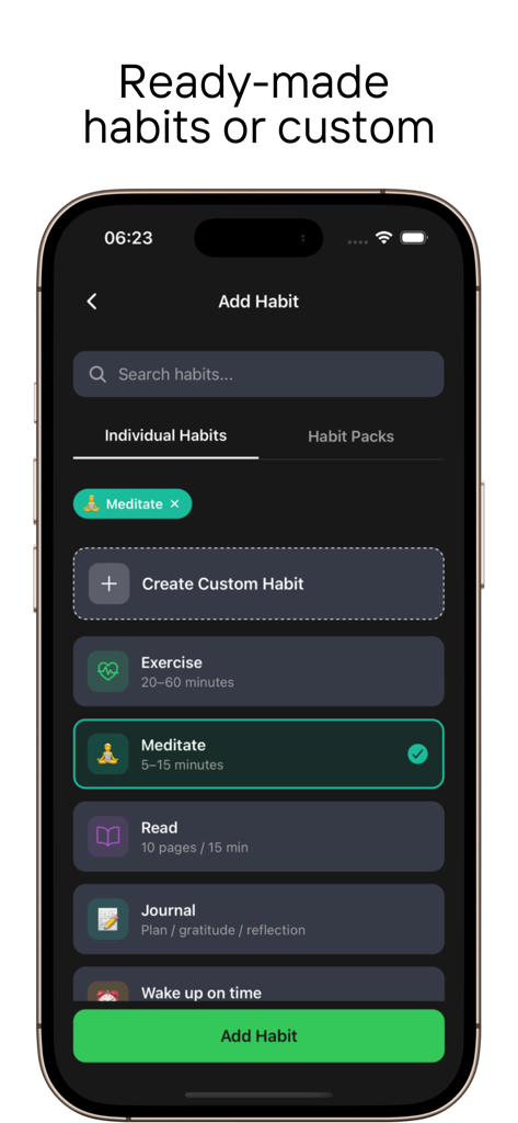 Monk Mode: Habit Tracker - Interface of the Monk Mode habit tracker showing a list of individual habits such as exercise, meditation, and journaling with an option to create custom habits