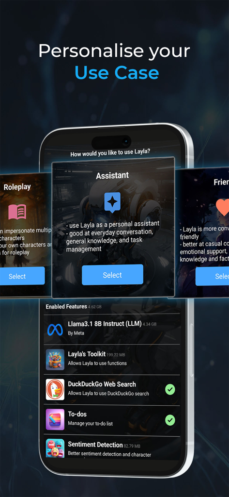 Pantalla de la aplicación Layla para personalizar casos de uso de IA con opciones para Asistente y una lista de funciones habilitadas que incluyen el LLM Llama3.1