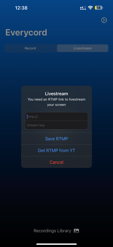 EveryCord mobile app livestream setup screen showing RTMP and stream key input fields