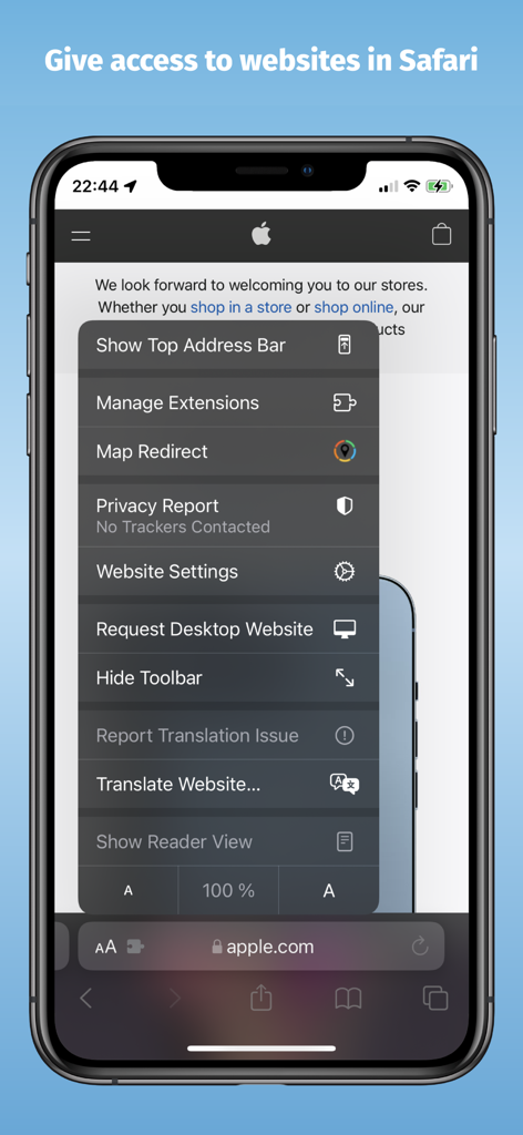 Pantalla de iPhone que muestra la extensión Map Redirect dentro del menú del navegador Safari
