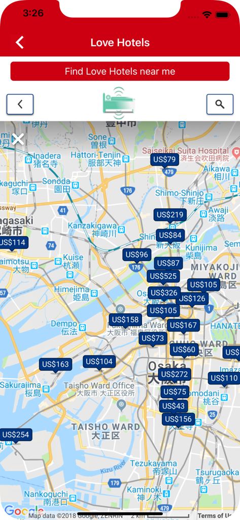 호텔 위치 및 가격을 표시하는 러브 호텔 앱의 지도 인터페이스