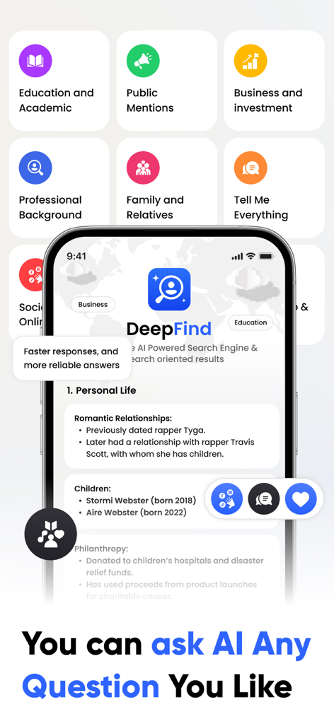 DeepFind AI Search Assistant mobile app interface showing search categories and detailed search results for personal background information.