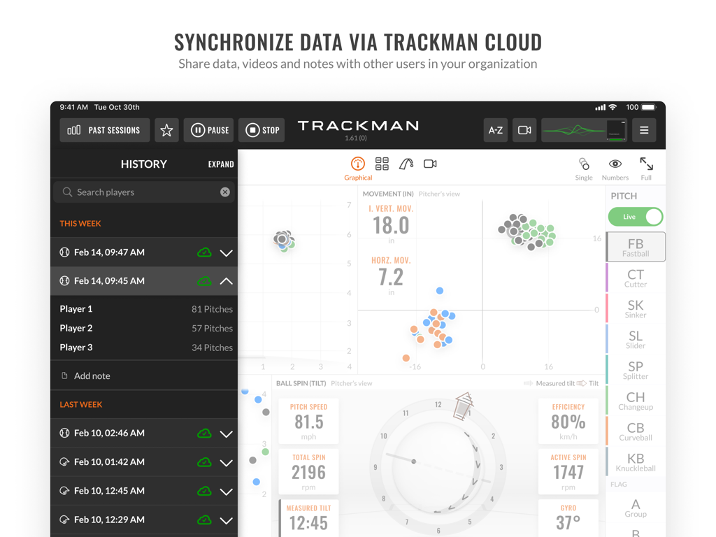 Interface de l'application Trackman Baseball Pro affichant l'analyse des données de lancer et la synchronisation cloud