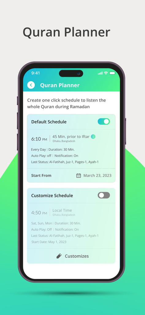 Quran With Maryam - Interface of the Quran Planner feature in the Quran With Maryam app for creating a listening schedule