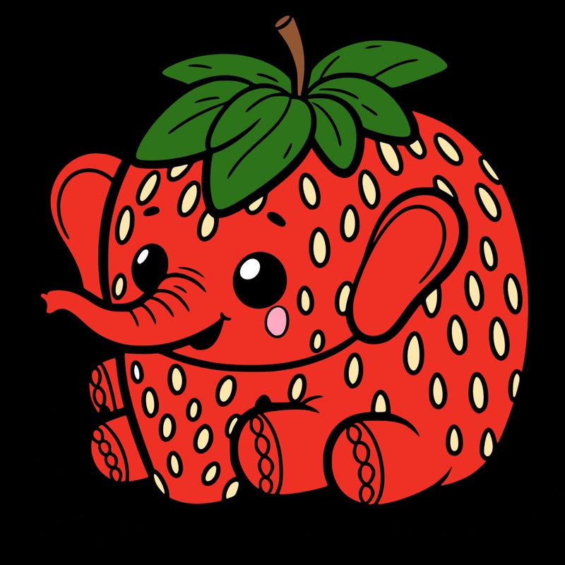 a elephant that is a strawberry and it is on a green carpet