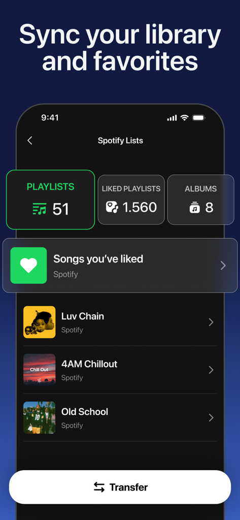 Mobile app interface showing a Spotify library with playlists and albums ready for transfer