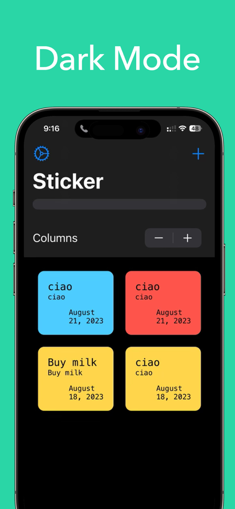 Sticky Note - Sticky Note app dark mode interface showing color coded notes