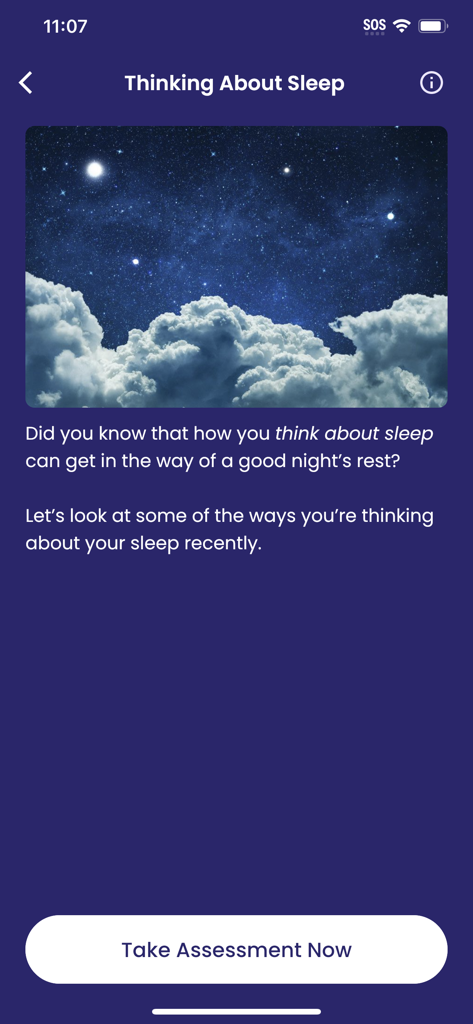 CBT-i Coach app screen for starting a sleep thoughts assessment with a starry night sky image.
