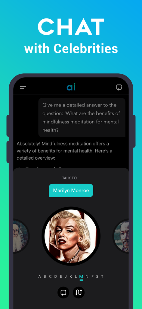 Chat AI - Personal Assistant - Interface of Chat AI app showcasing the feature to chat with famous personalities including Marilyn Monroe.