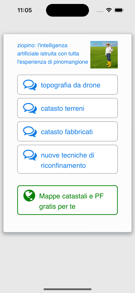 Interfaccia del menu dell'app Mappe Catasto e ziopino che mostra le opzioni di consulenza AI per il catasto italiano e la topografia dei droni