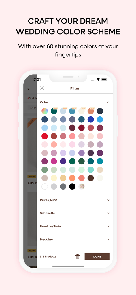 Pantalla de filtro de color de la app JJ's House que muestra múltiples muestras de color de vestidos.