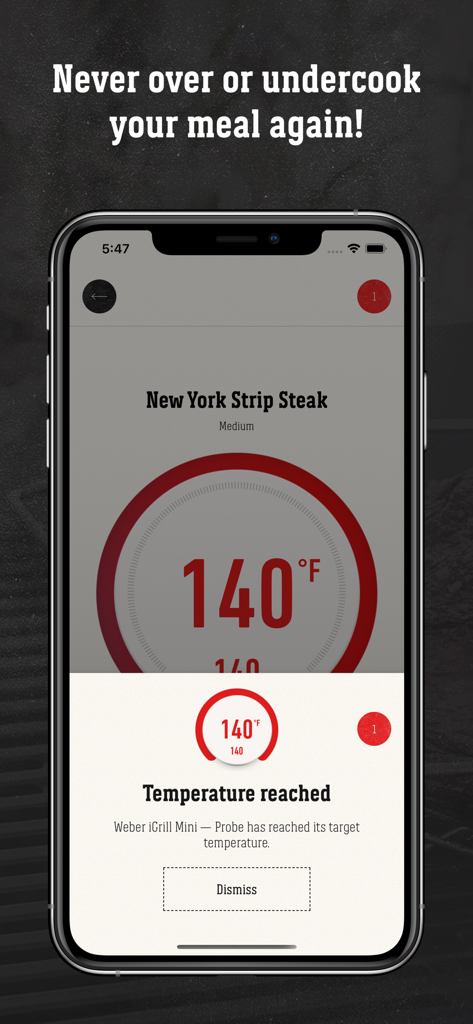 Pantalla de la app Weber iGrill mostrando una alerta de temperatura alcanzada para un filete Strip de Nueva York medio a 140 grados
