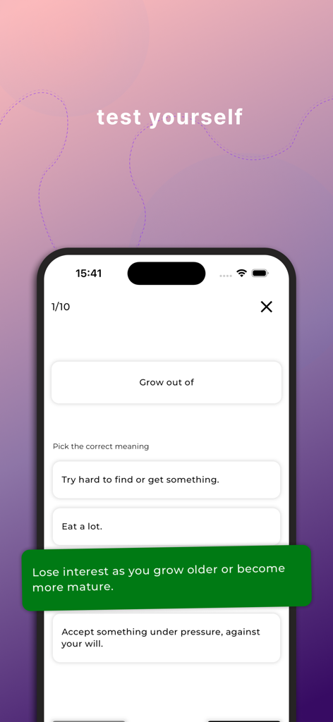 English Phrasal Verbs & Dict. - 영어 구동사 'Grow out of'에 대한 객관식 퀴즈를 보여주는 모바일 앱 인터페이스로, 정답이 강조 표시되어 있습니다.