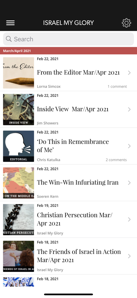 Israel My Glory Magazine - Une liste d'articles du numéro de mars-avril 2021 du magazine Israel My Glory dans l'application mobile.