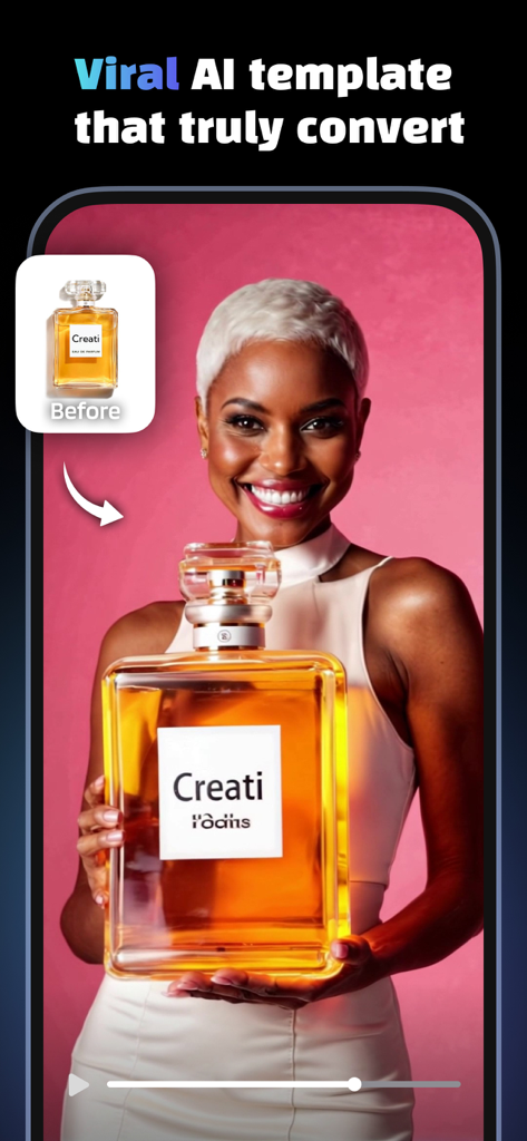 Creati: Gen AI Content Creator - Une femme tenant une grande bouteille de parfum générée à l'aide d'un modèle de marketing viral IA de Creati