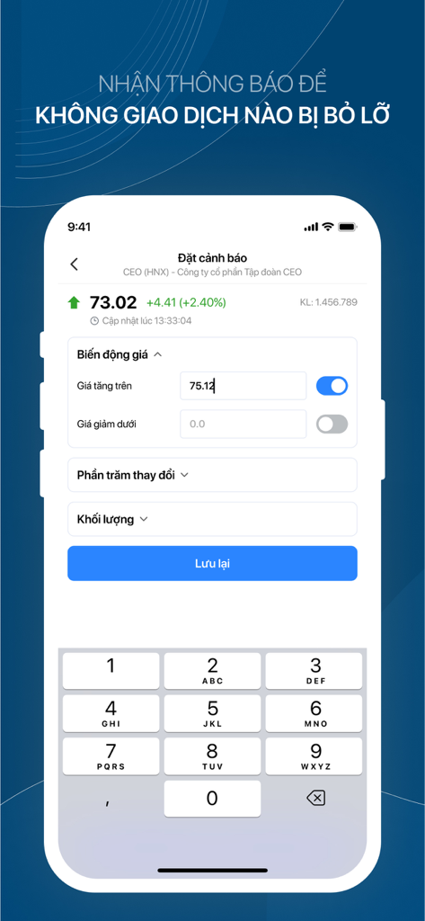 CafeF:Tin tức đầu tư, cổ phiếu - Interfaz para configurar alertas de precios de acciones y notificaciones de inversión en la aplicación móvil CafeF.